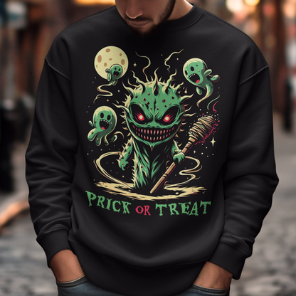 Black Halloween sweatshirt of a scary cactus with cactus ghosts with text underneath "PRICK OR TREAT".