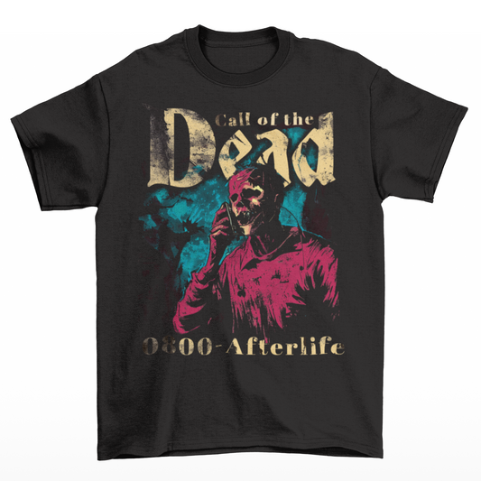 Black t-shirt of a zombie on a mobile phone with text  "CALL OF THE DEAD".