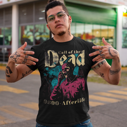 Black t-shirt of a zombie on a mobile phone with text  "CALL OF THE DEAD".