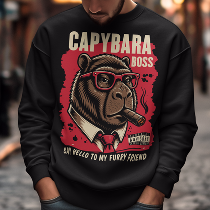 Black sweatshirt featuring a bold vintage-style capybara graphic wearing red sunglasses, a suit and tie, and smoking a cigar. The design includes “CAPYBARA BOSS” text, a red background, and the phrase “SAY HELLO TO MY FURRY FRIEND,” creating a funny gangster-inspired animal design for capybara lovers and meme fans.