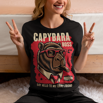Black t-shirt featuring a bold vintage-style capybara graphic wearing red sunglasses, a suit and tie, and smoking a cigar. The design includes “CAPYBARA BOSS” text, a red background, and the phrase “SAY HELLO TO MY FURRY FRIEND,” creating a funny gangster-inspired animal design for capybara lovers and meme fans.