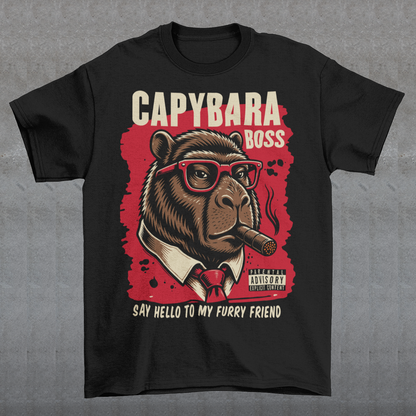 Black t-shirt featuring a bold vintage-style capybara graphic wearing red sunglasses, a suit and tie, and smoking a cigar. The design includes “CAPYBARA BOSS” text, a red background, and the phrase “SAY HELLO TO MY FURRY FRIEND,” creating a funny gangster-inspired animal design for capybara lovers and meme fans.