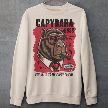 Cream sweatshirt featuring a bold vintage-style capybara graphic wearing red sunglasses, a suit and tie, and smoking a cigar. The design includes “CAPYBARA BOSS” text, a red background, and the phrase “SAY HELLO TO MY FURRY FRIEND,” creating a funny gangster-inspired animal design for capybara lovers and meme fans.