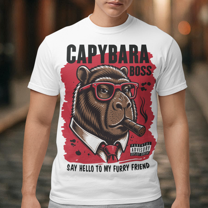 White t-shirt featuring a bold vintage-style capybara graphic wearing red sunglasses, a suit and tie, and smoking a cigar. The design includes “CAPYBARA BOSS” text, a red background, and the phrase “SAY HELLO TO MY FURRY FRIEND,” creating a funny gangster-inspired animal design for capybara lovers and meme fans.