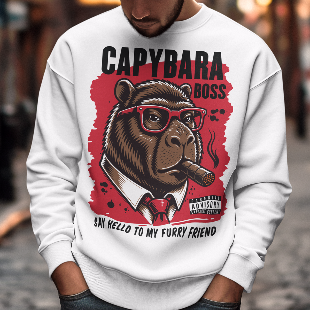 White sweatshirt featuring a bold vintage-style capybara graphic wearing red sunglasses, a suit and tie, and smoking a cigar. The design includes “CAPYBARA BOSS” text, a red background, and the phrase “SAY HELLO TO MY FURRY FRIEND,” creating a funny gangster-inspired animal design for capybara lovers and meme fans.