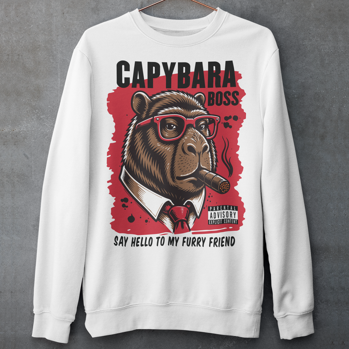 White sweatshirt featuring a bold vintage-style capybara graphic wearing red sunglasses, a suit and tie, and smoking a cigar. The design includes “CAPYBARA BOSS” text, a red background, and the phrase “SAY HELLO TO MY FURRY FRIEND,” creating a funny gangster-inspired animal design for capybara lovers and meme fans.