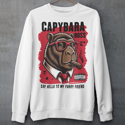 White sweatshirt featuring a bold vintage-style capybara graphic wearing red sunglasses, a suit and tie, and smoking a cigar. The design includes “CAPYBARA BOSS” text, a red background, and the phrase “SAY HELLO TO MY FURRY FRIEND,” creating a funny gangster-inspired animal design for capybara lovers and meme fans.