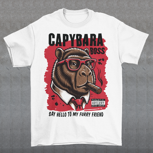 White t-shirt featuring a bold vintage-style capybara graphic wearing red sunglasses, a suit and tie, and smoking a cigar. The design includes “CAPYBARA BOSS” text, a red background, and the phrase “SAY HELLO TO MY FURRY FRIEND,” creating a funny gangster-inspired animal design for capybara lovers and meme fans.