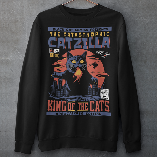 Black sweatshirt of a comic book design of CATZILLA.