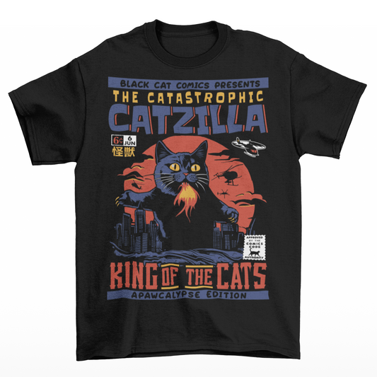 Black t-shirt of a comic book design of CATZILLA.