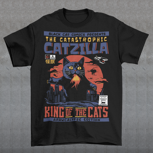 Unleash your inner kaiju fan with our epic CATZILLA t-shirt! This bold comic book-inspired design features a towering feline behemoth, "Catzilla," reigning supreme over a chaotic cityscape. With glowing yellow eyes, razor-sharp claws, and breathing fire, Catzilla looms above crumbling skyscrapers swiping at helicopters. The background is a vibrant explosion of yellows and oranges, showcasing a fiery skyline that screams action and adventure.