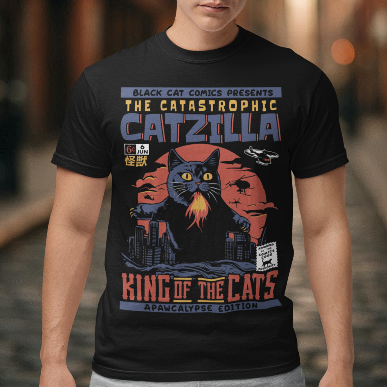 Unleash your inner kaiju fan with our epic CATZILLA t-shirt! This bold comic book-inspired design features a towering feline behemoth, "Catzilla," reigning supreme over a chaotic cityscape. With glowing yellow eyes, razor-sharp claws, and breathing fire, Catzilla looms above crumbling skyscrapers swiping at helicopters. The background is a vibrant explosion of yellows and oranges, showcasing a fiery skyline that screams action and adventure.