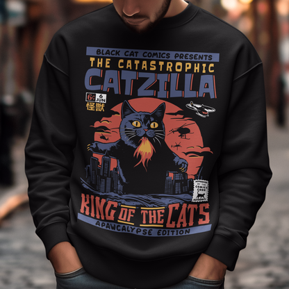 Unleash your inner kaiju fan with our epic CATZILLA sweatshirt! This bold comic book-inspired design features a towering feline behemoth, "Catzilla," reigning supreme over a chaotic cityscape. With glowing yellow eyes, razor-sharp claws, and breathing fire, Catzilla looms above crumbling skyscrapers swiping at helicopters. The background is a vibrant explosion of yellows and oranges, showcasing a fiery skyline that screams action and adventure.