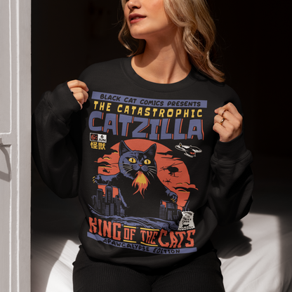 Unleash your inner kaiju fan with our epic CATZILLA sweatshirt! This bold comic book-inspired design features a towering feline behemoth, "Catzilla," reigning supreme over a chaotic cityscape. With glowing yellow eyes, razor-sharp claws, and breathing fire, Catzilla looms above crumbling skyscrapers swiping at helicopters. The background is a vibrant explosion of yellows and oranges, showcasing a fiery skyline that screams action and adventure.