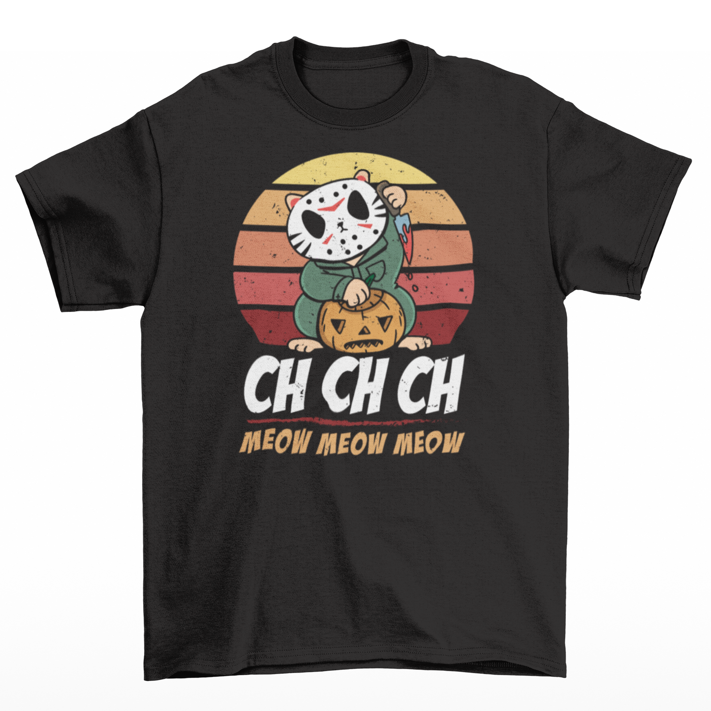 Black halloween t-shirt of a cat in a horror costume with retro sun background with text underneath  "CH CH CH MEOW MEOW MEOW".