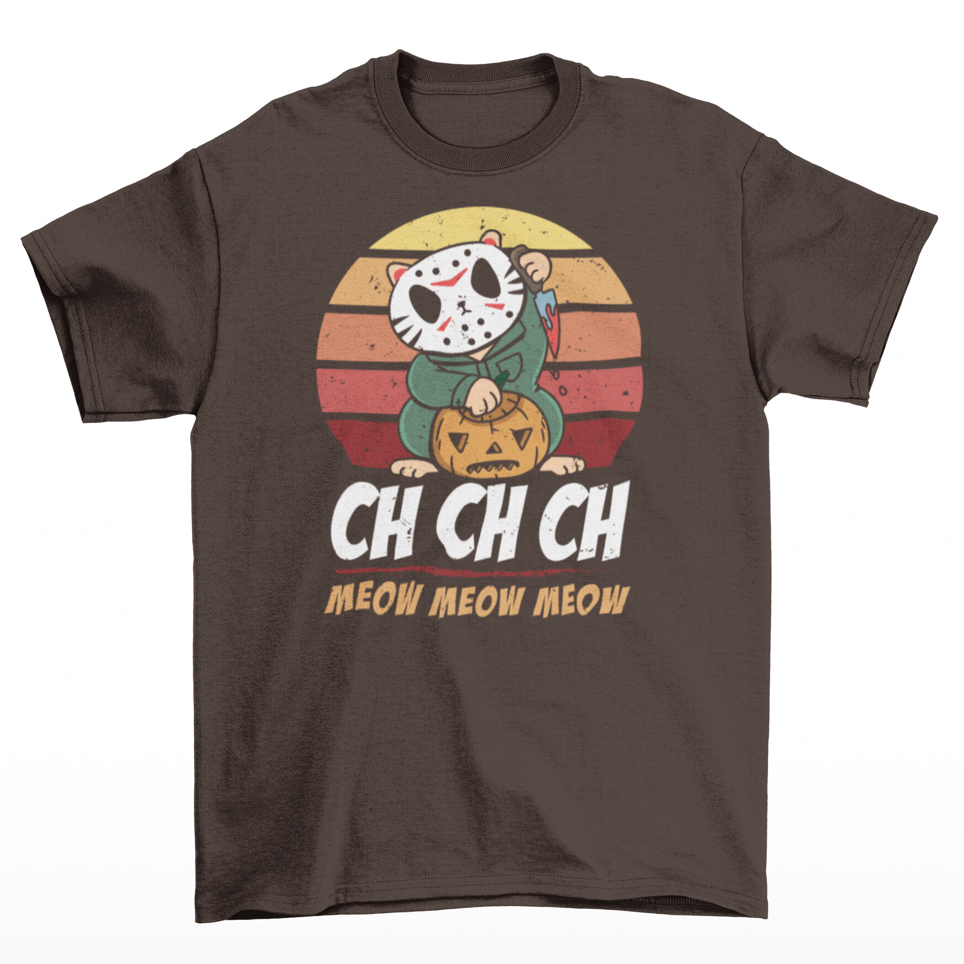 Brown halloween t-shirt of a cat in a horror costume with retro sun background with text underneath  "CH CH CH MEOW MEOW MEOW".