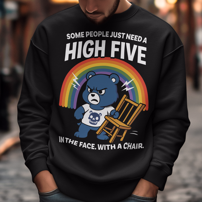 CHAIR BEAR HIGH FIVE SWEATSHIRT. Sweet meets savage in this hilariously bold “High Five” Bear shirt. At first glance, it’s all rainbows and retro cartoon charm, but look a little closer and you’ll catch the punchline. Featuring a grumpy blue bear under a bright rainbow, gripping a chair with questionable intentions, this design flips cute nostalgia into edgy humor with a perfectly timed twist.