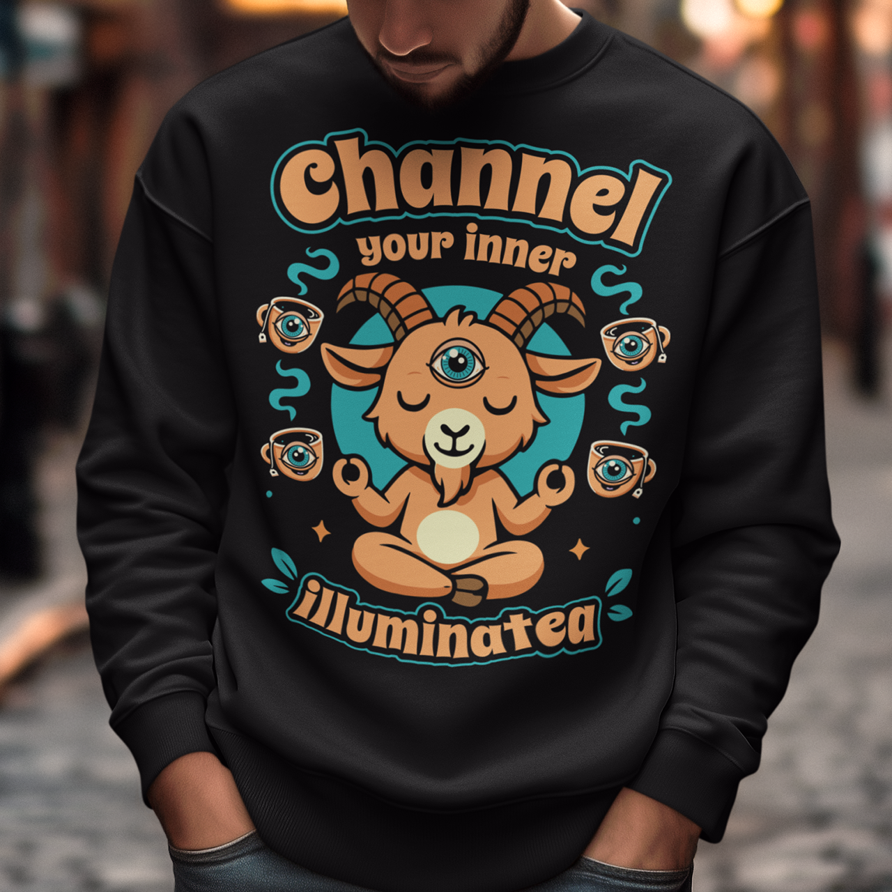 Black t-shirt featuring a humorous occult-inspired design with the text “Channel Your Inner Illuminatea.” The artwork shows a meditating goat with a third eye, crossed legs, and raised hands, surrounded by floating teacups decorated with all-seeing eyes. Teal and tan accents create a mystical aesthetic blending spiritual symbolism, conspiracy humor, meditation themes, and playful occult artwork. Perfect for fans of witchy, esoteric, and funny graphic tees.