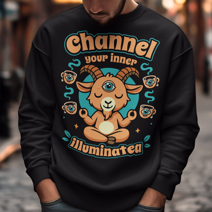 Black t-shirt featuring a humorous occult-inspired design with the text “Channel Your Inner Illuminatea.” The artwork shows a meditating goat with a third eye, crossed legs, and raised hands, surrounded by floating teacups decorated with all-seeing eyes. Teal and tan accents create a mystical aesthetic blending spiritual symbolism, conspiracy humor, meditation themes, and playful occult artwork. Perfect for fans of witchy, esoteric, and funny graphic tees.
