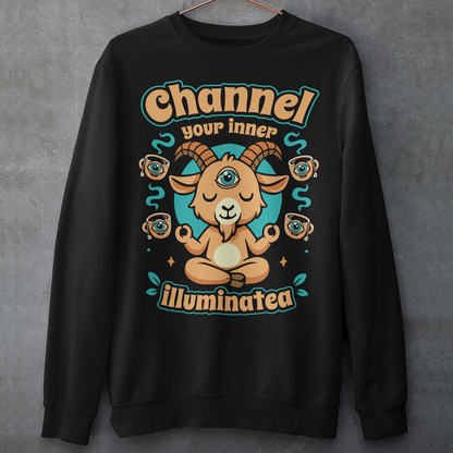 Black t-shirt featuring a humorous occult-inspired design with the text “Channel Your Inner Illuminatea.” The artwork shows a meditating goat with a third eye, crossed legs, and raised hands, surrounded by floating teacups decorated with all-seeing eyes. Teal and tan accents create a mystical aesthetic blending spiritual symbolism, conspiracy humor, meditation themes, and playful occult artwork. Perfect for fans of witchy, esoteric, and funny graphic tees.