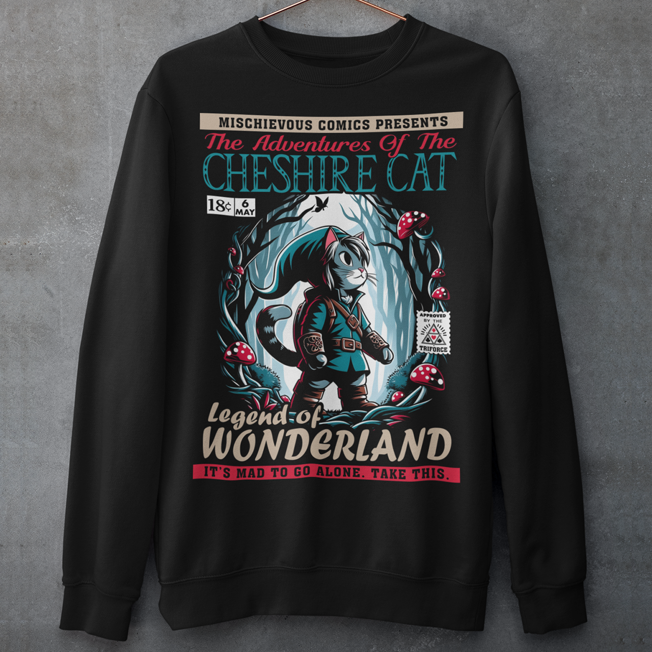 Step into a whimsical world with this Cheshire Cat Adventure Sweatshirt! This eye-catching design features the mischievous Cheshire Cat weaving through an enchanted Wonderland forest in glowing moonlight. Surrounded by twisting trees and mushrooms, the scene captures the magic and mystery of Wonderland. With vivid colors and intricate details, this shirt is perfect for dreamers, adventurers, and fans of the curious and the mad. Wear it and let the Cheshire Cat guide you on your own Wonderland journey!