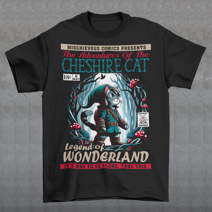Step into a whimsical world with this Cheshire Cat Adventure t-shirt! This eye-catching design features the mischievous Cheshire Cat weaving through an enchanted Wonderland forest in glowing moonlight. Surrounded by twisting trees and mushrooms, the scene captures the magic and mystery of Wonderland. With vivid colors and intricate details, this shirt is perfect for dreamers, adventurers, and fans of the curious and the mad. Wear it and let the Cheshire Cat guide you on a Wonderland journey!