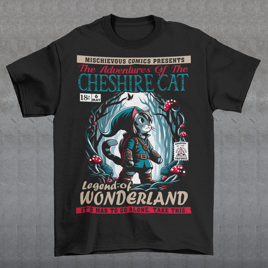 Step into a whimsical world with this Cheshire Cat Adventure t-shirt! This eye-catching design features the mischievous Cheshire Cat weaving through an enchanted Wonderland forest in glowing moonlight. Surrounded by twisting trees and mushrooms, the scene captures the magic and mystery of Wonderland. With vivid colors and intricate details, this shirt is perfect for dreamers, adventurers, and fans of the curious and the mad. Wear it and let the Cheshire Cat guide you on a Wonderland journey!