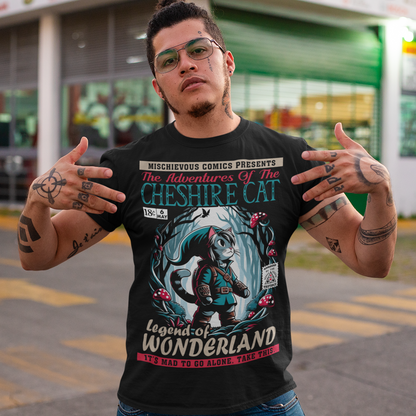 Step into a whimsical world with this Cheshire Cat Adventure t-shirt! This eye-catching design features the mischievous Cheshire Cat weaving through an enchanted Wonderland forest in glowing moonlight. Surrounded by twisting trees and mushrooms, the scene captures the magic and mystery of Wonderland. With vivid colors and intricate details, this shirt is perfect for dreamers, adventurers, and fans of the curious and the mad. Wear it and let the Cheshire Cat guide you on a Wonderland journey!
