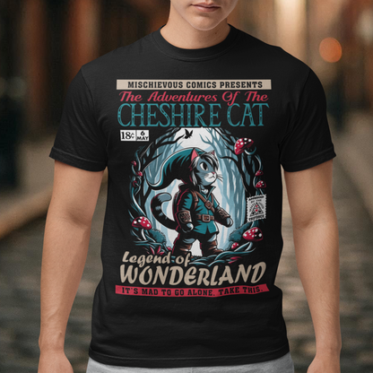 Step into a whimsical world with this Cheshire Cat Adventure t-shirt! This eye-catching design features the mischievous Cheshire Cat weaving through an enchanted Wonderland forest in glowing moonlight. Surrounded by twisting trees and mushrooms, the scene captures the magic and mystery of Wonderland. With vivid colors and intricate details, this shirt is perfect for dreamers, adventurers, and fans of the curious and the mad. Wear it and let the Cheshire Cat guide you on a Wonderland journey!