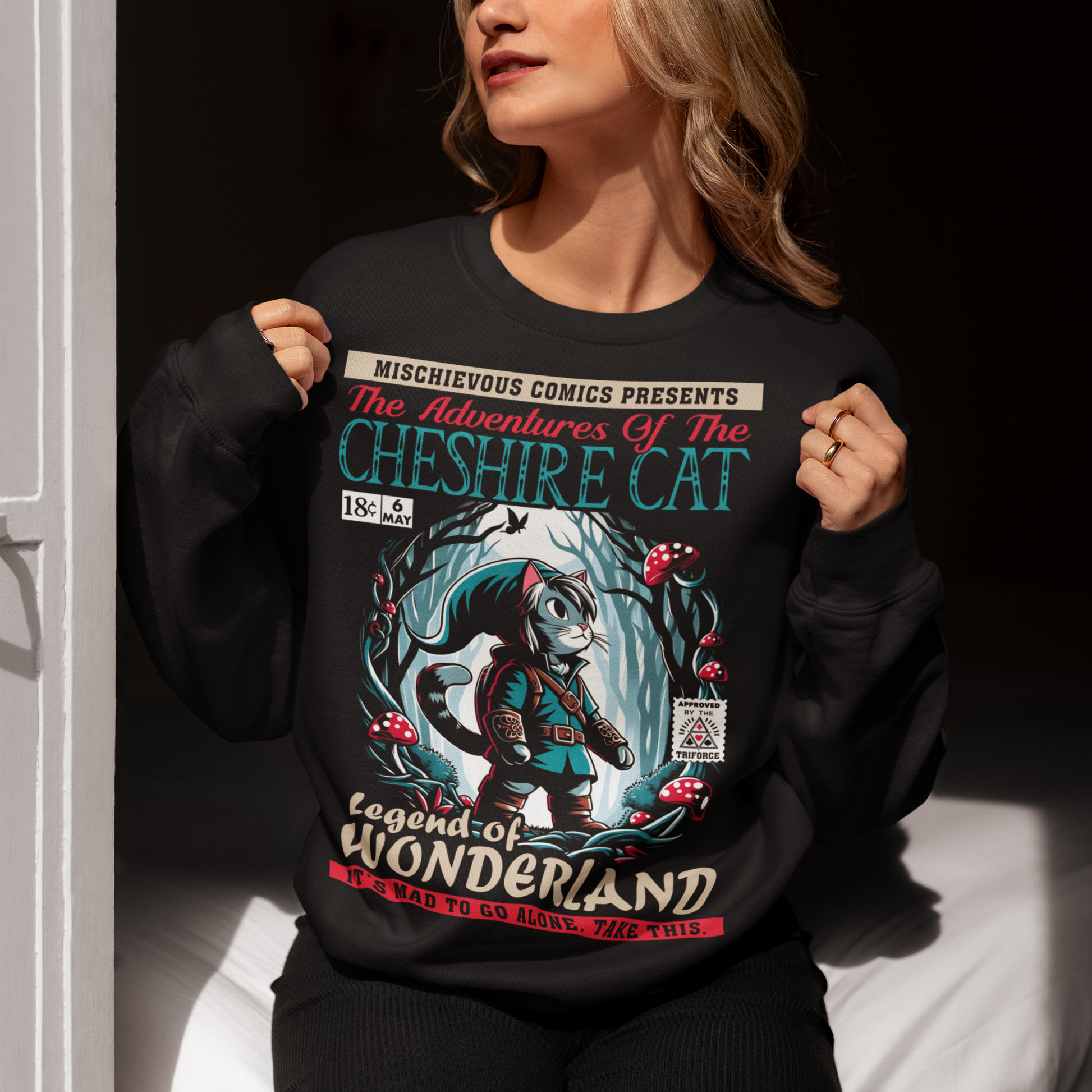Step into a whimsical world with this Cheshire Cat Adventure Sweatshirt! This eye-catching design features the mischievous Cheshire Cat weaving through an enchanted Wonderland forest in glowing moonlight. Surrounded by twisting trees and mushrooms, the scene captures the magic and mystery of Wonderland. With vivid colors and intricate details, this shirt is perfect for dreamers, adventurers, and fans of the curious and the mad. Wear it and let the Cheshire Cat guide you on your own Wonderland journey!