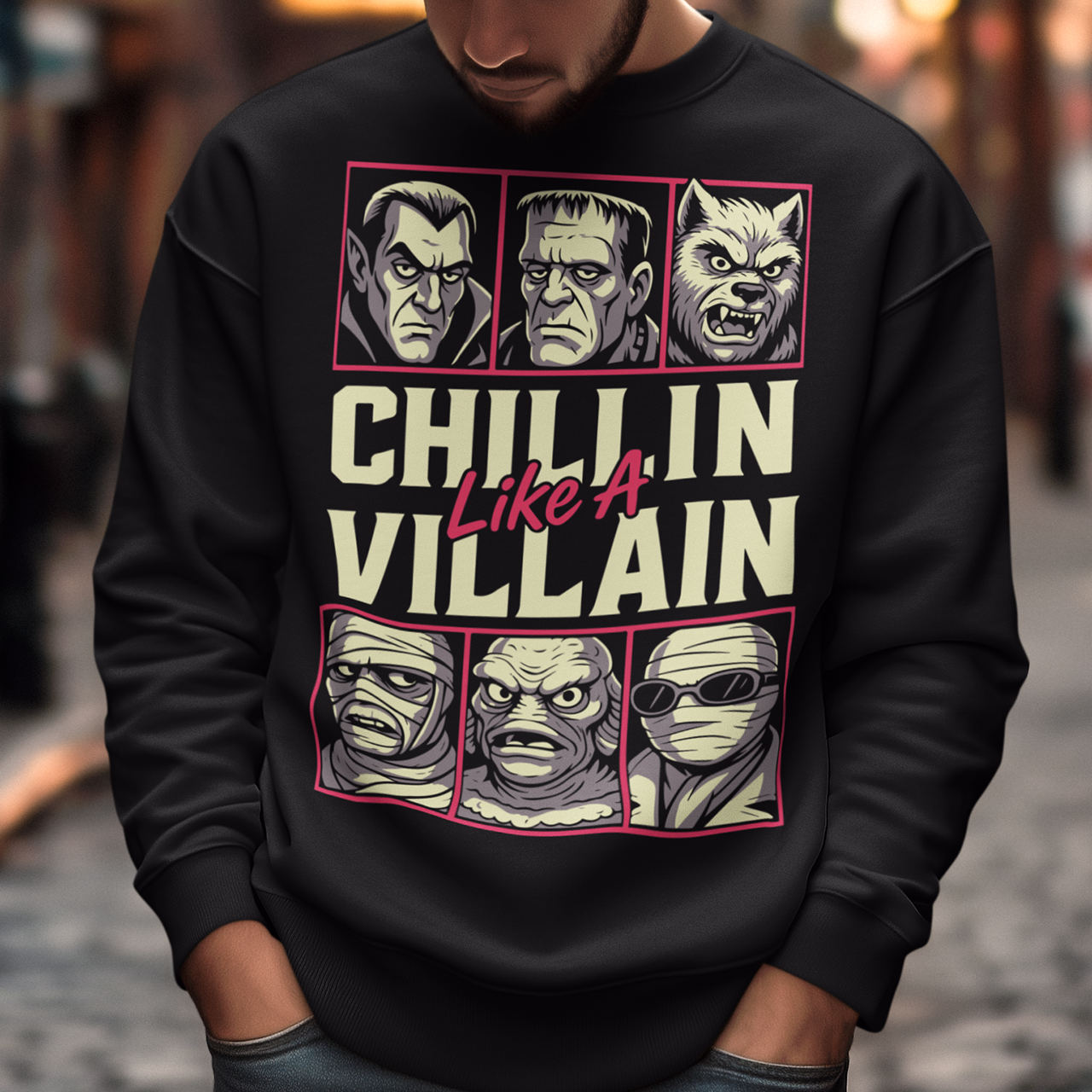 Black sweatshirt featuring the phrase "Chillin Like A Villain" with six classic horror monster portraits, including a vampire, Frankenstein's monster, werewolf, mummy, swamp creature, and the Invisible Man. The retro-inspired graphic uses distressed vintage styling with bold cream and pink lettering, making it a fun horror-themed shirt for Halloween, monster movie fans, goth fashion lovers, and classic horror enthusiasts.