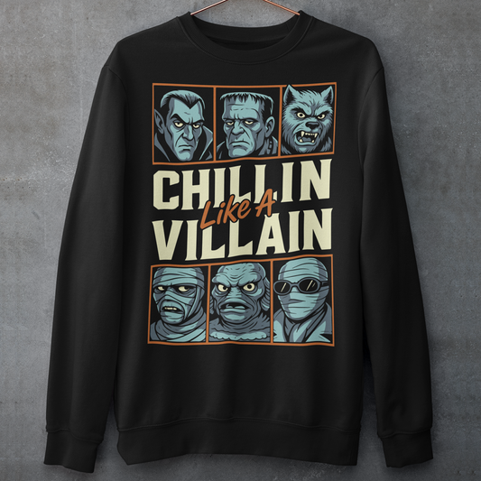 Black sweatshirt featuring the phrase "Chillin Like A Villain" with six classic horror monster portraits, including a vampire, Frankenstein's monster, werewolf, mummy, swamp creature, and the Invisible Man. The retro-inspired graphic uses distressed vintage styling with bold cream and orange lettering, making it a fun horror-themed shirt for Halloween, monster movie fans, goth fashion lovers, and classic horror enthusiasts.