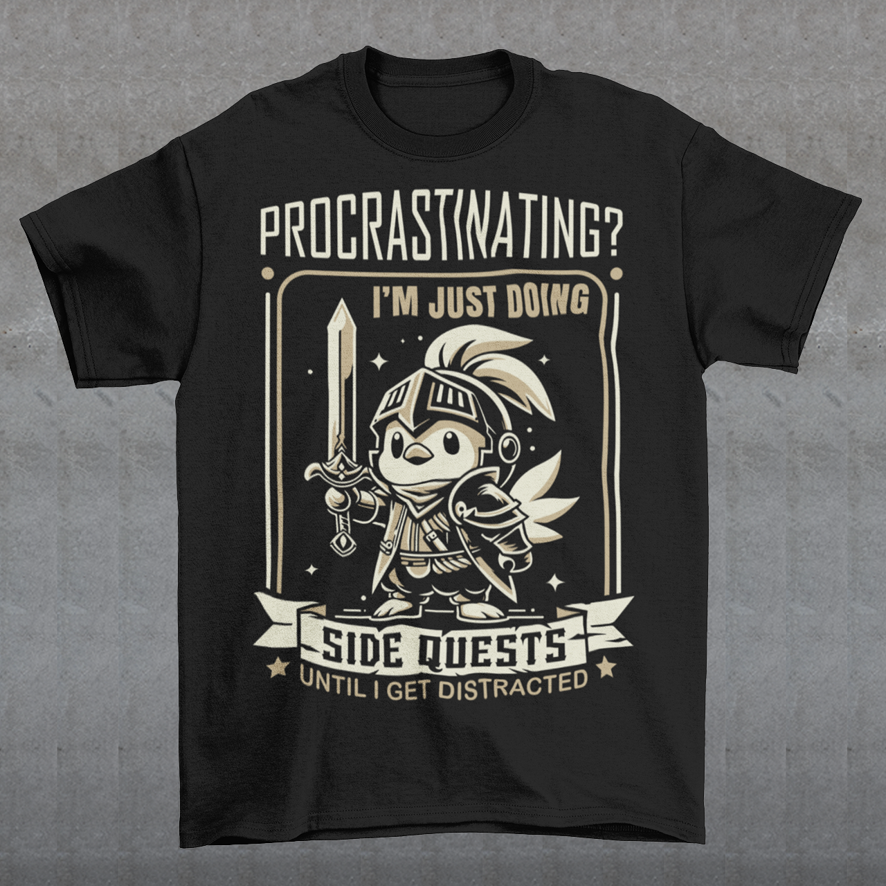Level up your wardrobe with this hilarious “Procrastinating? I’m Just Doing Side Quests” t-shirt! Perfect for gamers, fantasy lovers, and anyone who knows the struggle of getting slightly distracted, this shirt features a cute Chocobo knight design with vintage RPG vibes. This shirt is comfy enough for long gaming sessions or casual adventures. Whether you’re tackling real-life side quests or just embracing your inner procrastinator, this funny gamer tee makes the perfect gift for friends, streamers, 