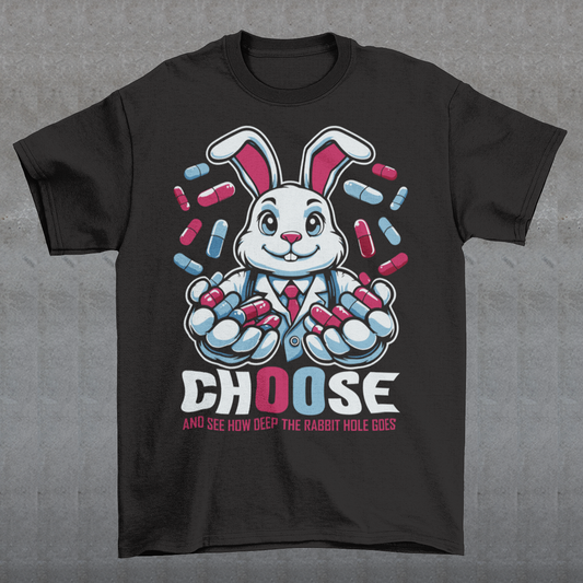 Embrace the enigmatic allure of the unknown with our captivating t-shirt design featuring a white rabbit holding contrasting blue and red pills. This imagery beckons you to ponder the choices that define your journey. Beneath the striking illustration, bold text reads: "CHOOSE AND SEE HOW DEEP THE RABBIT HOLE GOES," inviting wearers to contemplate the consequences of their decisions and embark on a quest for truth, discovery, and self-awareness.