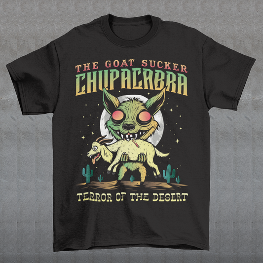 Introducing the ultimate homage to folklore and mystery – "The Goat Sucker Chupacabra" T-shirt! Step into the realm of the unknown with this captivating design depicting the infamous chupacabra in action. Against the backdrop of a barren desert, the chupacabra is depicted in all its eerie glory, locked in its iconic pose of sucking the life force from a hapless goat. Above the striking imagery, bold text proudly proclaims "THE GOAT SUCKER CHUPACABRA" ensuring that the wearer embodies the legend.