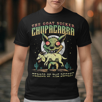 Introducing the ultimate homage to folklore and mystery – "The Goat Sucker Chupacabra" T-shirt! Step into the realm of the unknown with this captivating design depicting the infamous chupacabra in action. Against the backdrop of a barren desert, the chupacabra is depicted in all its eerie glory, locked in its iconic pose of sucking the life force from a hapless goat. Above the striking imagery, bold text proudly proclaims "THE GOAT SUCKER CHUPACABRA" ensuring that the wearer embodies the legend.