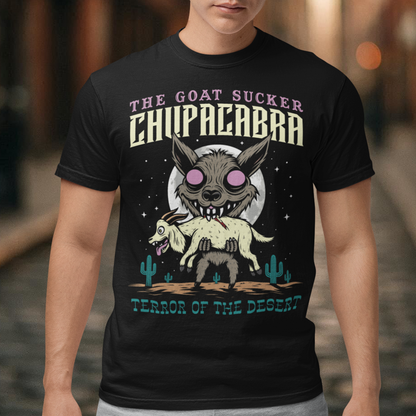Introducing the ultimate homage to folklore and mystery – "The Goat Sucker Chupacabra" T-shirt! Step into the realm of the unknown with this captivating design depicting the infamous chupacabra in action. Against the backdrop of a barren desert, the chupacabra is depicted in all its eerie glory, locked in its iconic pose of sucking the life force from a hapless goat. Above the striking imagery, bold text proudly proclaims "THE GOAT SUCKER CHUPACABRA" ensuring that the wearer embodies the legend.