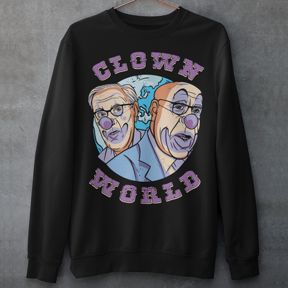 This bold and colorful sweatshirt features a playful design that captures the absurdity and chaos of our modern times. With a cast of wacky characters, including clowns, jesters, and other oddball creatures, this shirt is perfect for anyone who loves a good laugh or wants to show their disdain for the status quo.