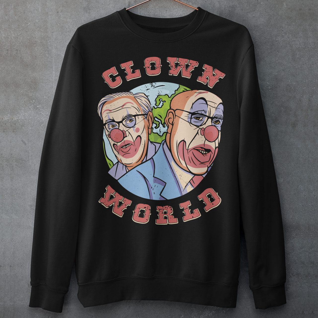 Black Sweatshirt with Klaus Schwab and Bill Gates with text CLOWN WORLD.