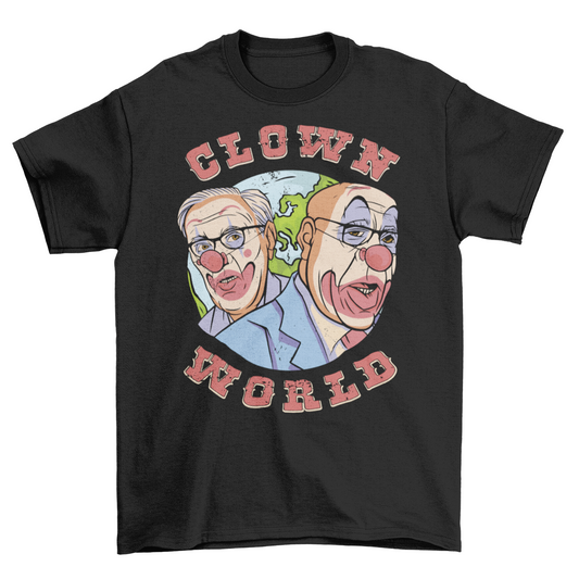 Black t-shirt of klaus shwab and bill gates with clown make up in front of the world with text "CLOWN WORLD".