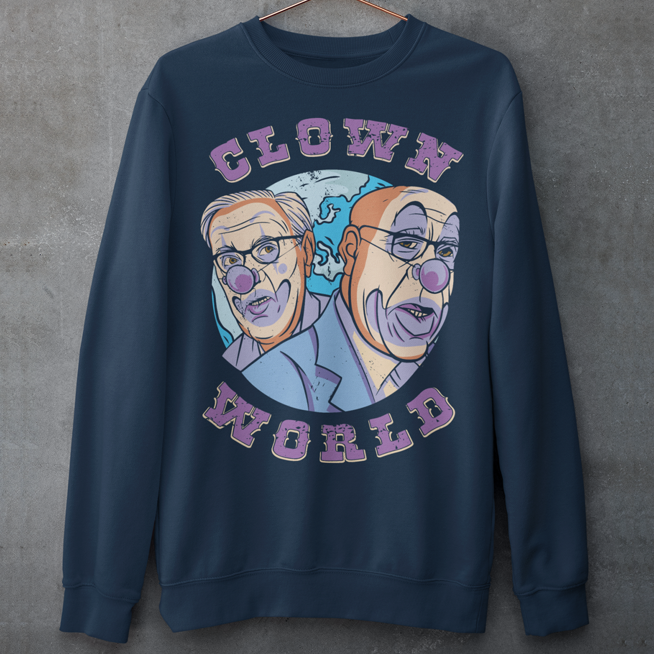 Navy Sweatshirt with Klaus Schwab and Bill Gates with text CLOWN WORLD.