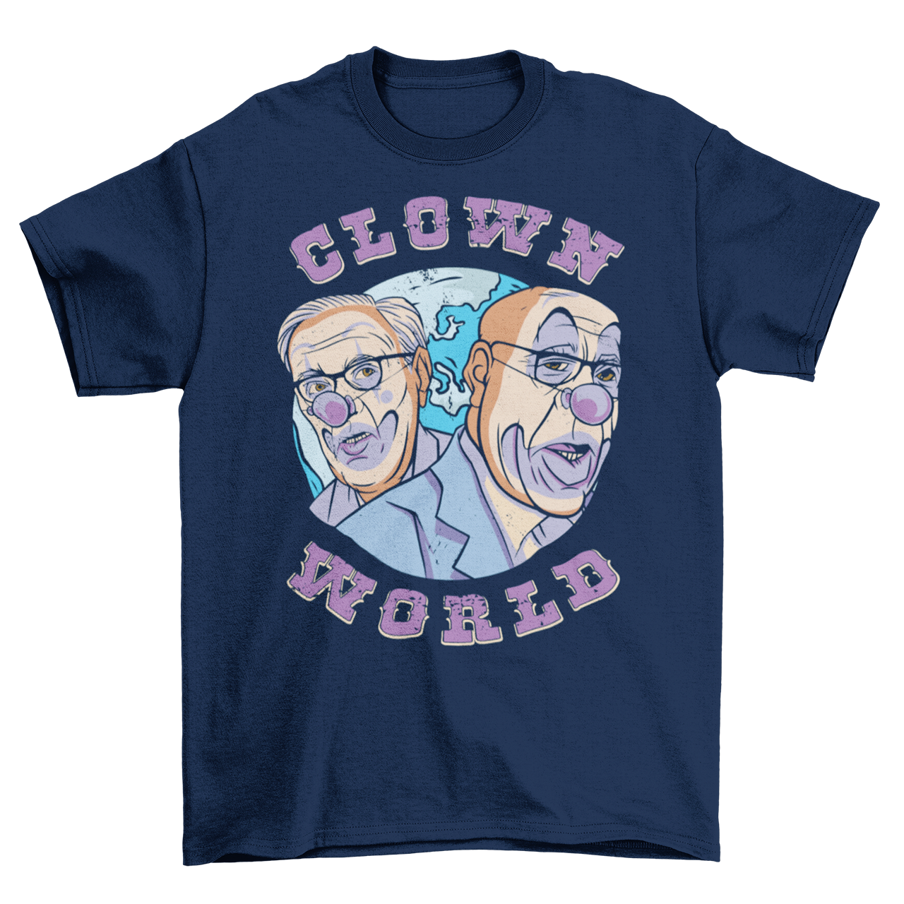 Navy t-shirt of klaus shwab and bill gates with clown make up in front of the world with text "CLOWN WORLD". 