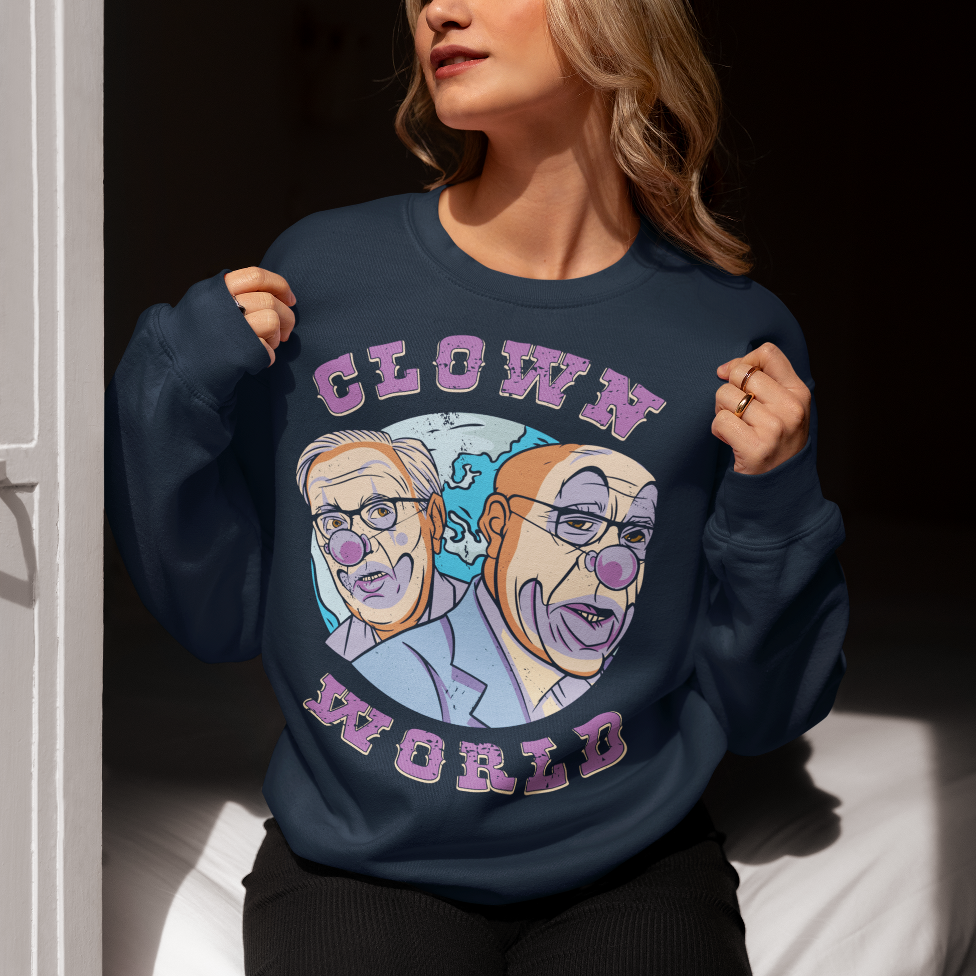 Navy Sweatshirt with Klaus Schwab and Bill Gates with text CLOWN WORLD.