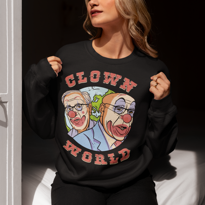 This bold and colorful sweatshirt features a playful design that captures the absurdity and chaos of our modern times. With a cast of wacky characters, including clowns, jesters, and other oddball creatures, this shirt is perfect for anyone who loves a good laugh or wants to show their disdain for the status quo.