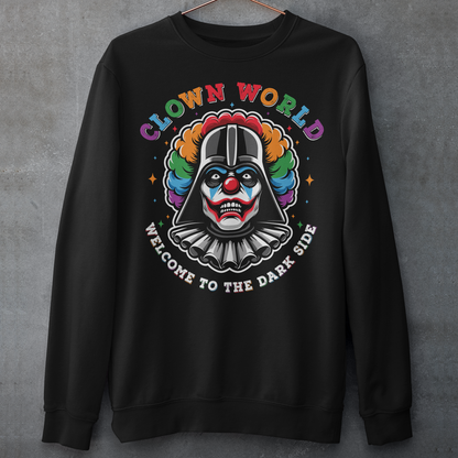 Black sweatshirt of a Sith Clown with text above CLOWN WORLD and text below WELCOME TO THE DARK SIDE.