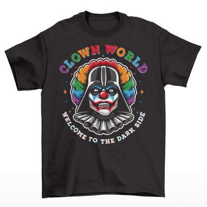 Black t-shirt of a Sith Clown with text above CLOWN WORLD and text below WELCOME TO THE DARK SIDE.