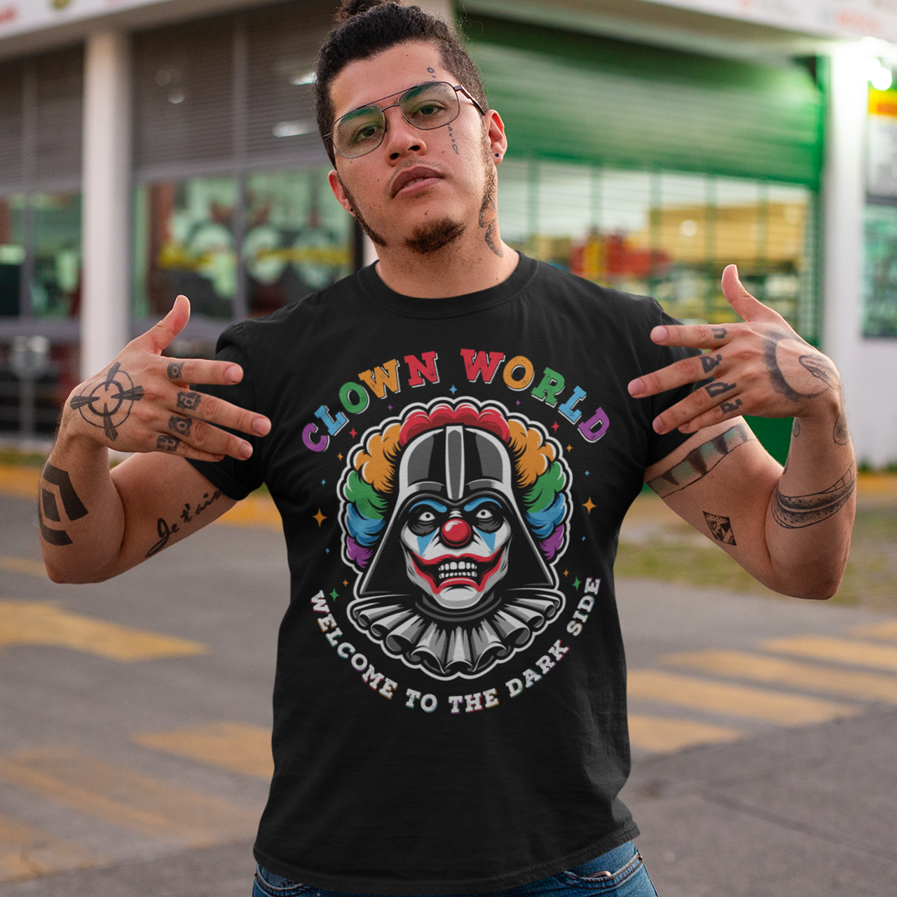 Black t-shirt of a Sith Clown with text above CLOWN WORLD and text below WELCOME TO THE DARK SIDE.