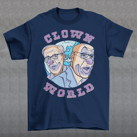 This bold and colorful t-shirt features a playful design that captures the absurdity and chaos of our modern times. With a cast of wacky characters, including clowns, jesters, and other oddball creatures, this shirt is perfect for anyone who loves a good laugh or wants to show their disdain for the status quo.