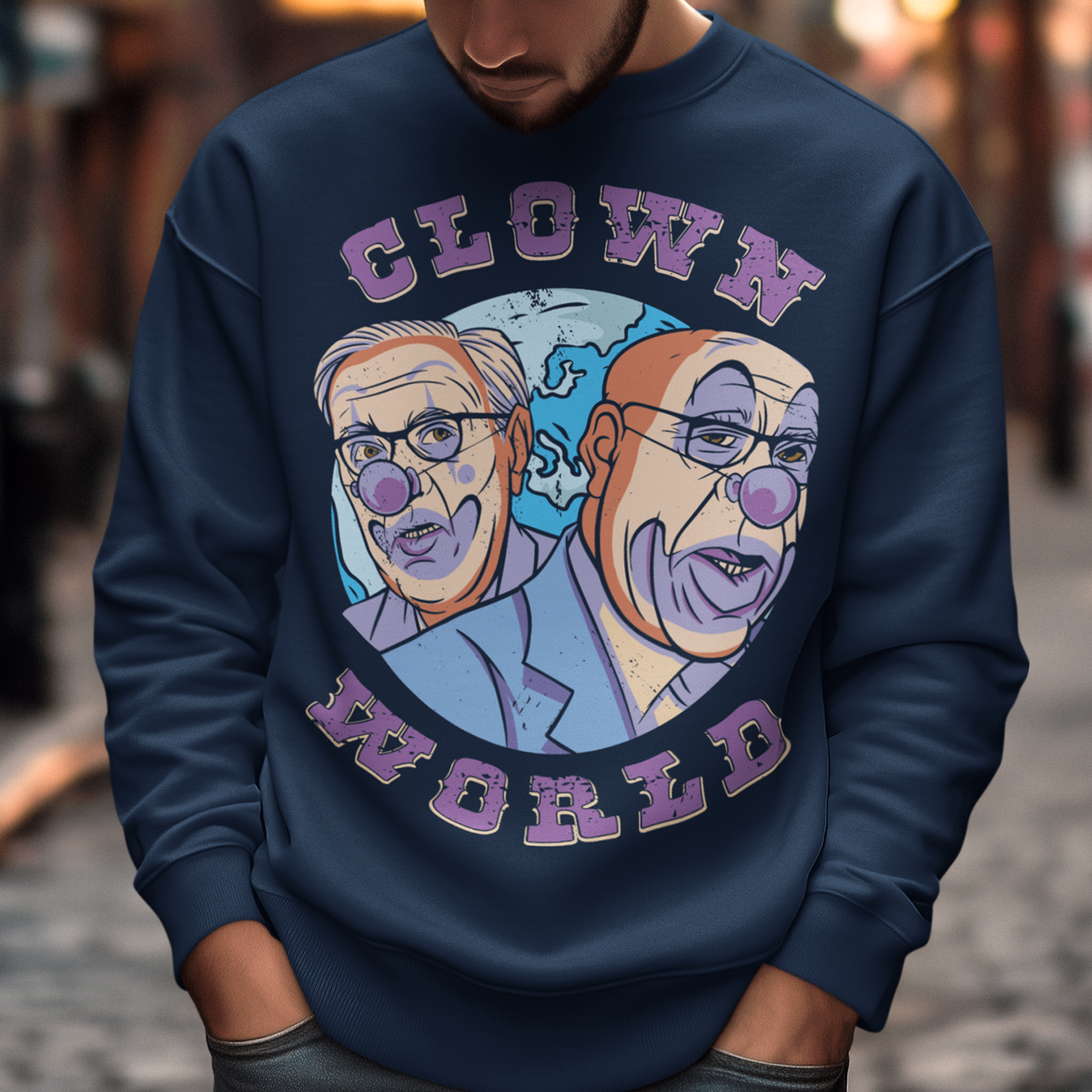 This bold and colorful sweatshirt features a playful design that captures the absurdity and chaos of our modern times. With a cast of wacky characters, including clowns, jesters, and other oddball creatures, this shirt is perfect for anyone who loves a good laugh or wants to show their disdain for the status quo.
