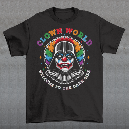 Embrace the whimsical chaos of life with our Clown World t-shirt! Featuring a vibrant and playful illustration of a clown, this shirt captures the essence of fun, laughter, and a touch of absurdity. You are invited to join the festivities of the unpredictable journey we call life. Above the image states CLOWN WORLD. Beneath the cheerful image, bold text proudly declares "WELCOME TO THE DARK SIDE," embracing the unpredictable and surreal nature of our existence.
